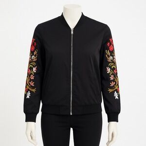 Du Jour Embroidered Bomber Jacket Womens S Black Floral Boho Festival Streetwear
